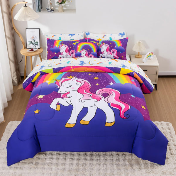 6Pcs Twin Comforter Set with Sheet,Unicorn Flower Bedding Set for Kids,Pink Rainbow Bed in a Bag Bedding for Girls-Smile Unicorn