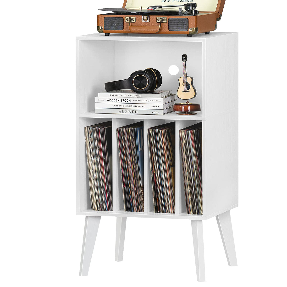 Lerliuo Record Player Stand, Burlywood Turntable Stand Holds up to 160 Albums, Mid-Century Vinyl Storage Cabinet Table with Solid Wood Legs, Record Player Holder Dispaly Shelf for Bedroom Living Room