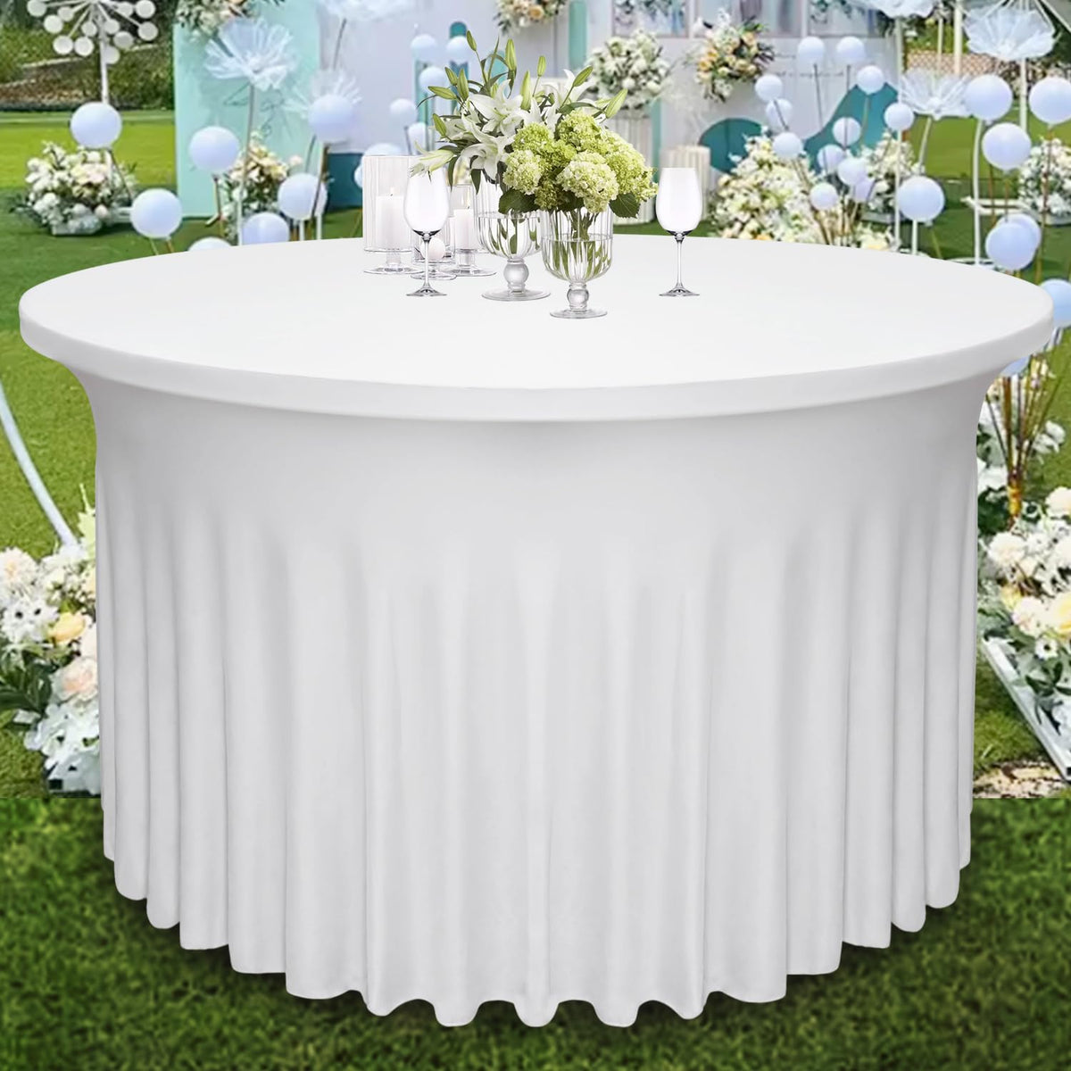 4 Pack 60" Diameter x 30" Height Black Round Table Skirt | Fits 5FT Round Tables |Polyester Spandex Round Table Cloths with Skirt|Stain 、Wrinkle Resistant、 for Wedding,Party,Dining,Banquet