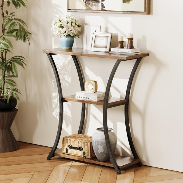 Trironsun Rustic 3-Tier Console Table with Open Shelves Narrow Entryway Table with Curved Metal Frame Slim Sofa Table for Hallway Living Room or Foyer (Rustic Brown)