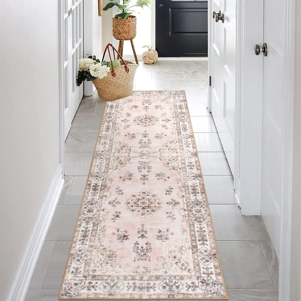 Lahome Washable 6x9 Area Rugs for Living Room, Vintage Floral Pink Large Rug for Nursery Girls Bedroom, Non Slip Lightweight Foldable Carpet for Apartment Dorm Home Office Decor