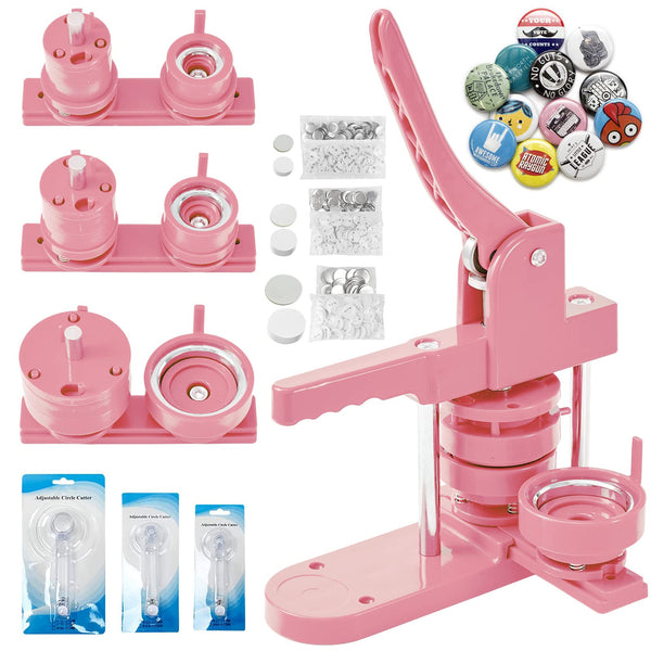 Pin Maker, Button Maker Machine, Badge Maker Machine Kit Includes 300Pcs Pins 25/32/58mm (1/1.25/2.25 inch), 3 Circle Paper Cutters, DIY Button Maker, Button Badge Press Machine (Pink)