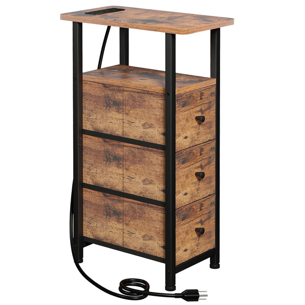LOAKEKEL Narrow End Table Living Room with Charging Station, Skinny Side Table with Fabric Drawers, Slim LED Nightstand for Bedroom, Small Spaces, Couch, Black, HETNDP03LBK-1
