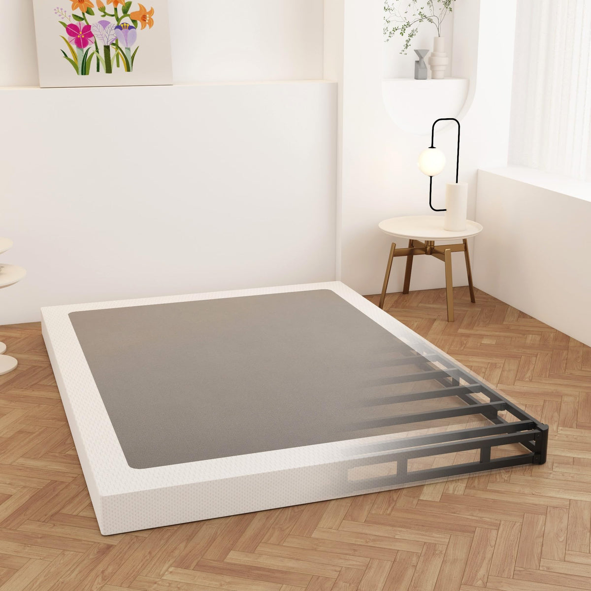 Maenizi Cal King Box Spring 4 Inch Low Profile, Heavy Duty Metal Box Spring Bed Base with Fabric Cover, Mattress Foundation, Easy Assembly, Noise Free, Black