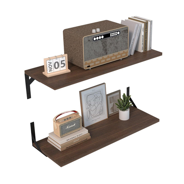 Deep Floating Shelves for Wall Set of 2, Wooden Shelves, 31.5" W x 12" D Long Book Shelf for Wall Storage, Floating Wood Shelves for Bedroom, Living Room, Office Rustic Brown