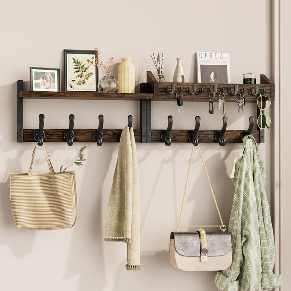 Evermagin 35" Coat Rack Wall Mount with Shelf, 4 in 1 Coat and Key Hanger with 13 Metal Hooks, Entryway Wall Mounted Shelf with Mail Holder for Living Room, Bedroom, Black
