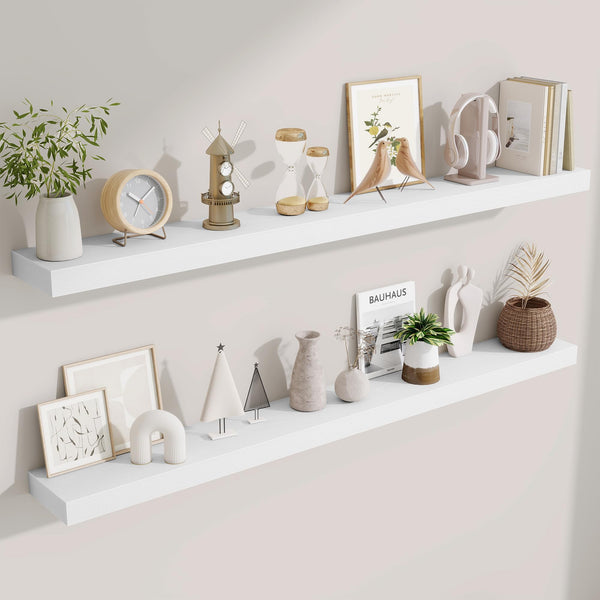 Fun Memories 40 Inch Floating Shelves, Long Wood Wall Shelf Set of 2 with Invisible Brackets, for Bathroom, Living Room, Bedroom, Kitchen, White
