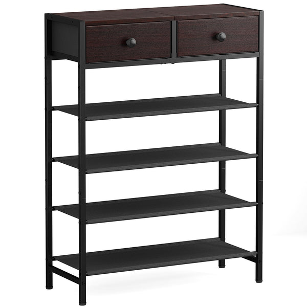 Shoe Rack, 5 Tier Shoe Organizer with 2 Drawers, Metal Shoe Storage for 16-20 Pairs of Shoes with Fabric Shelves and Wooden Top, Narrow Shoe Shelf for Closet Entryway Pink