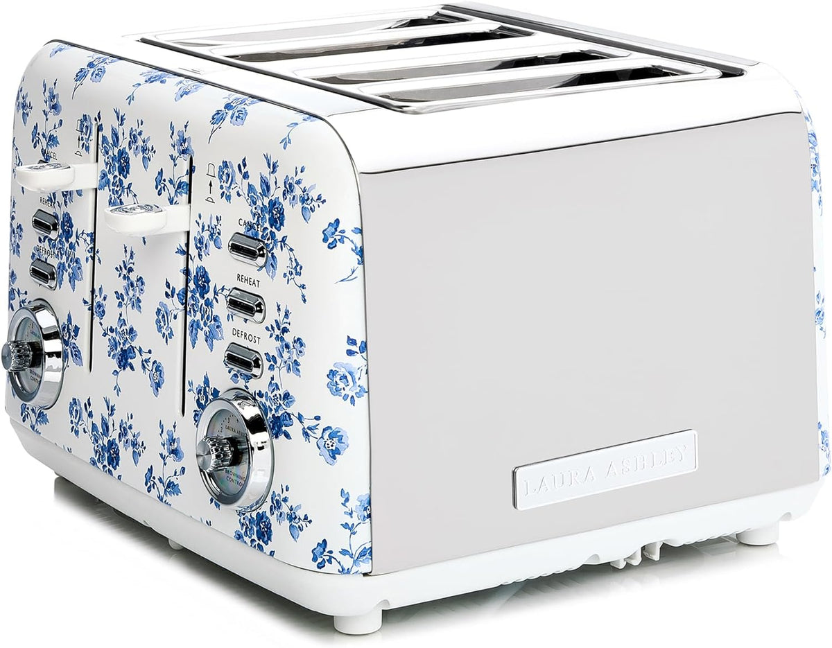 VQ Laura Ashley China Rose Stainless Steel 4 Slice Toaster | Bagels & Bread Toasters 4 Slices Wide Slot with Adjustable Heating & Defrost Mode | Grille Pain 4 tranches with Croissant Warming Rack