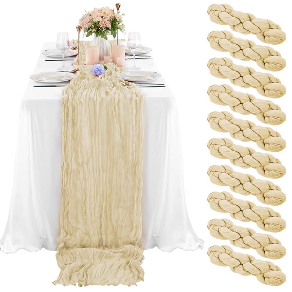 10 Pcs Beige Cheesecloth Table Runner 10FT, Gauze Table Runner for Wedding Reception Sheer Bridal Shower Birthday Party Boho Table Decoration, Rustic Romantic Wedding Runner