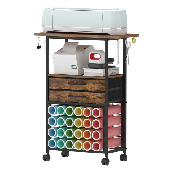 VENNQD Organizer and Storage Stand Compatible with Cricut Machines,Rolling Storage Cart/Shelf with 24 Vinyl Roll Holders，2 Fabric Drawer,Accessories Holder,Tool Hook for Craft Room Home (white)