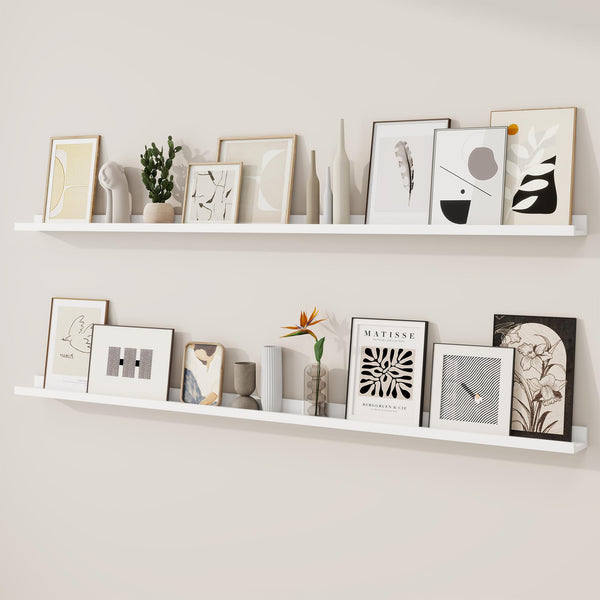 RICHFOCUS Picture Ledge Shelf, 72 inch Floating Shelves Set of 2, Wood Wall Shelves with Lip, Wall Decor Storage for Bedroom Living Room Bathroom Kitchen Nursery Photo Picture, Oak