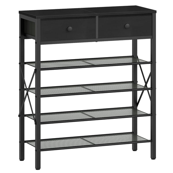 YATINEY 4 Tier Shoe Rack, Large Capacity Shoe Storage Organizer, Metal Shoe Shelf with Drawer and Wooden Top, for 16 Pairs of Shoes, for Entryway, Closet, Black SS24BB