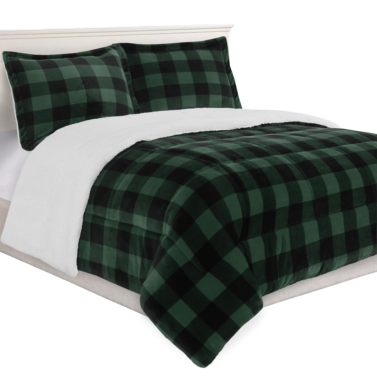 Elegant Comfort 3-Piece Buffalo Lodge-Plaid Comforter Set, Luxurious, Heavyweight, All Season, Down Alternative-Micromink Sherpa-Backing Reversible Micro-Suede, Soft and Plush, Full, Burgundy/Black
