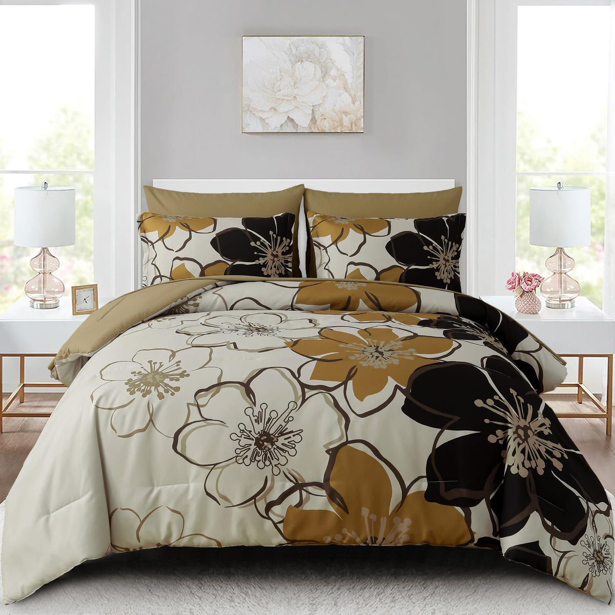 Anibedding Teal Floral Comforter Set Full Size 7 Piece, Teal Blue Flower Bed in a Bag, Elegant Botanical Floral Comforter Soft Microfiber Complete Bedding Set for All Season, (Teal, 78"x90")