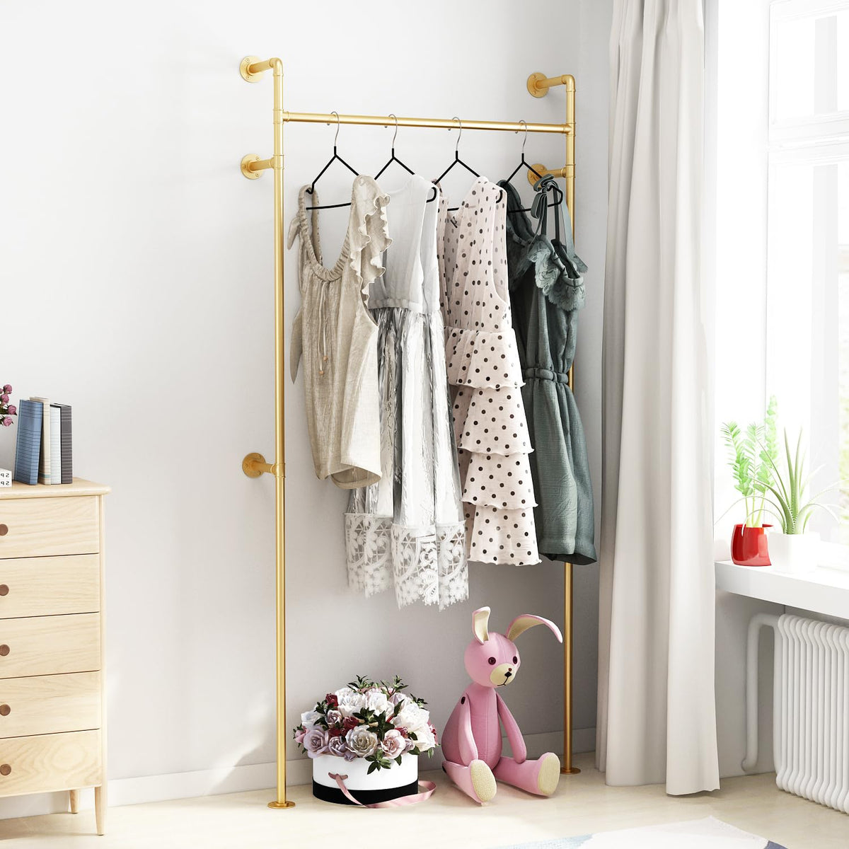 Industrial Pipe Clothing Rack, Heavy Duty Metal Clothes Rack with Double Rods for Hanging Clothes, Wall Mount Space-Saving Garment Display Rack (Double, Gold)