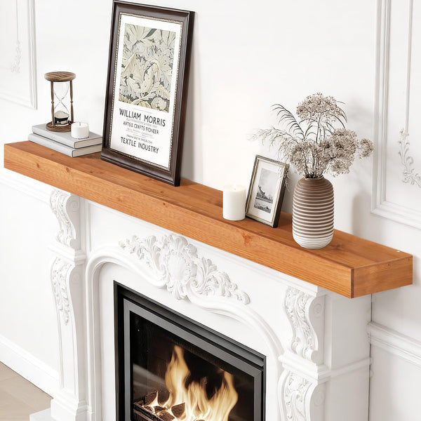 Fireplace Mantel Shelves 60inch | Solid Wood Floating Mantel Shelf - Rustic Farmhouse Wall Shelf with Invisible Brackets & Heavy Duty 100lbs Capacity