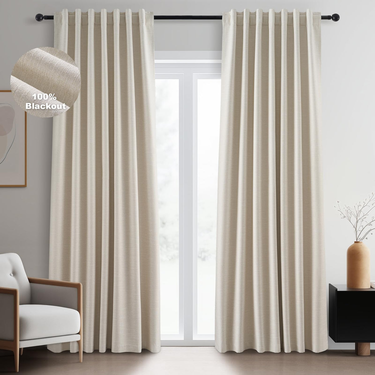 Oatmeal 105 Inch Long Curtains for Living Room Custom,Sun Blocking Elegant Internet Farmhouse Curtains Burg for Bedroom Aesthetic Thermal Blackout Drapes Fabric Thick 2panels Back Tab Hooks Pleated