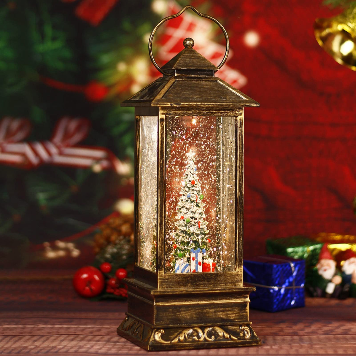 Snow Globe Christmas Lantern Decorations, Musical Snow Globe Lantern with Swirling Glitter, Christmas Tree Lighted Holiday Party Gifts and Decorations