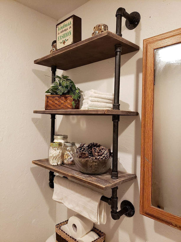 DR.IRON 3-Tier Rustic Industrial Pipe Wall Shelves with Towel Bar, Retro Floating Wooden Shelving, DIY Shelf