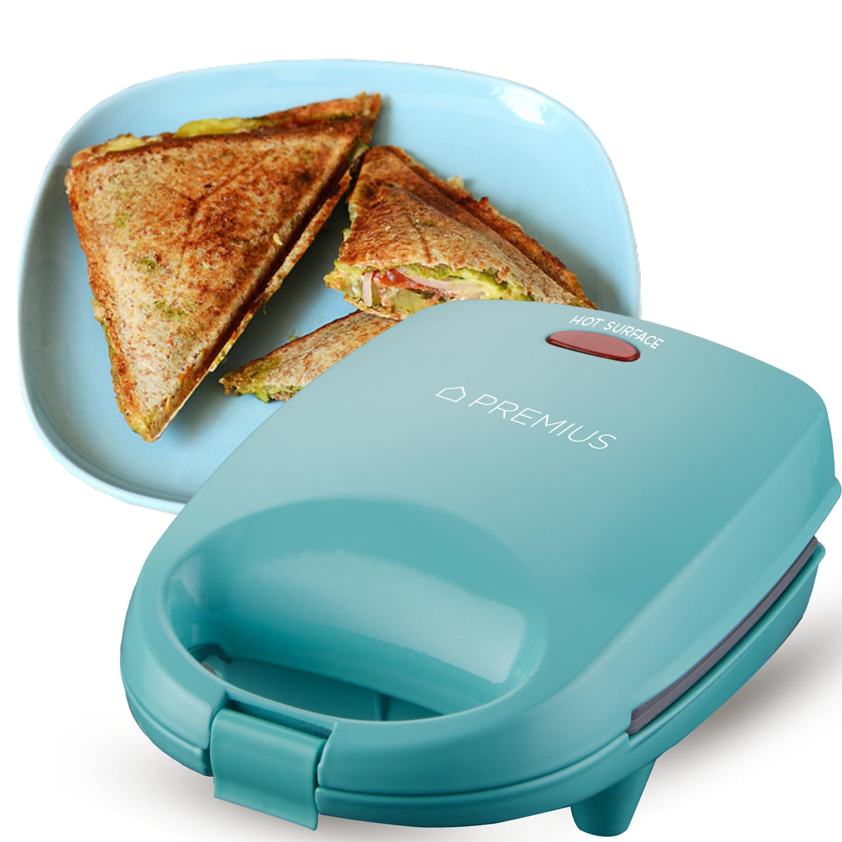 Ceramic NonStick Mini Snack Sandwich Maker, Indicator Light, 5x4.4 Inch Mold, Great for French Toast, Tuna Melt, Egg & Grilled Cheese, Pancake Sandwich, Desserts, Toasties, 520 W (Turquoise)