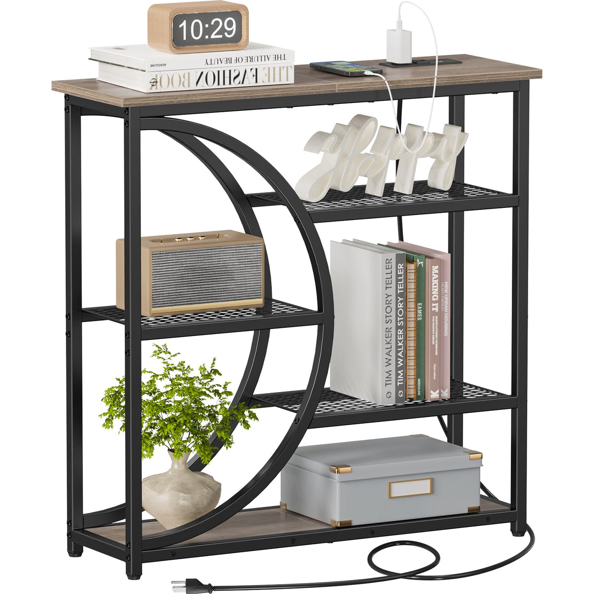 Snughome Entryway Table, Console Table with Charging Station, Industrial Narrow Sofa Tables with 5 Tier Storage Shelves, Entrance Table for Hallway, Living Room, Foyer, Grey