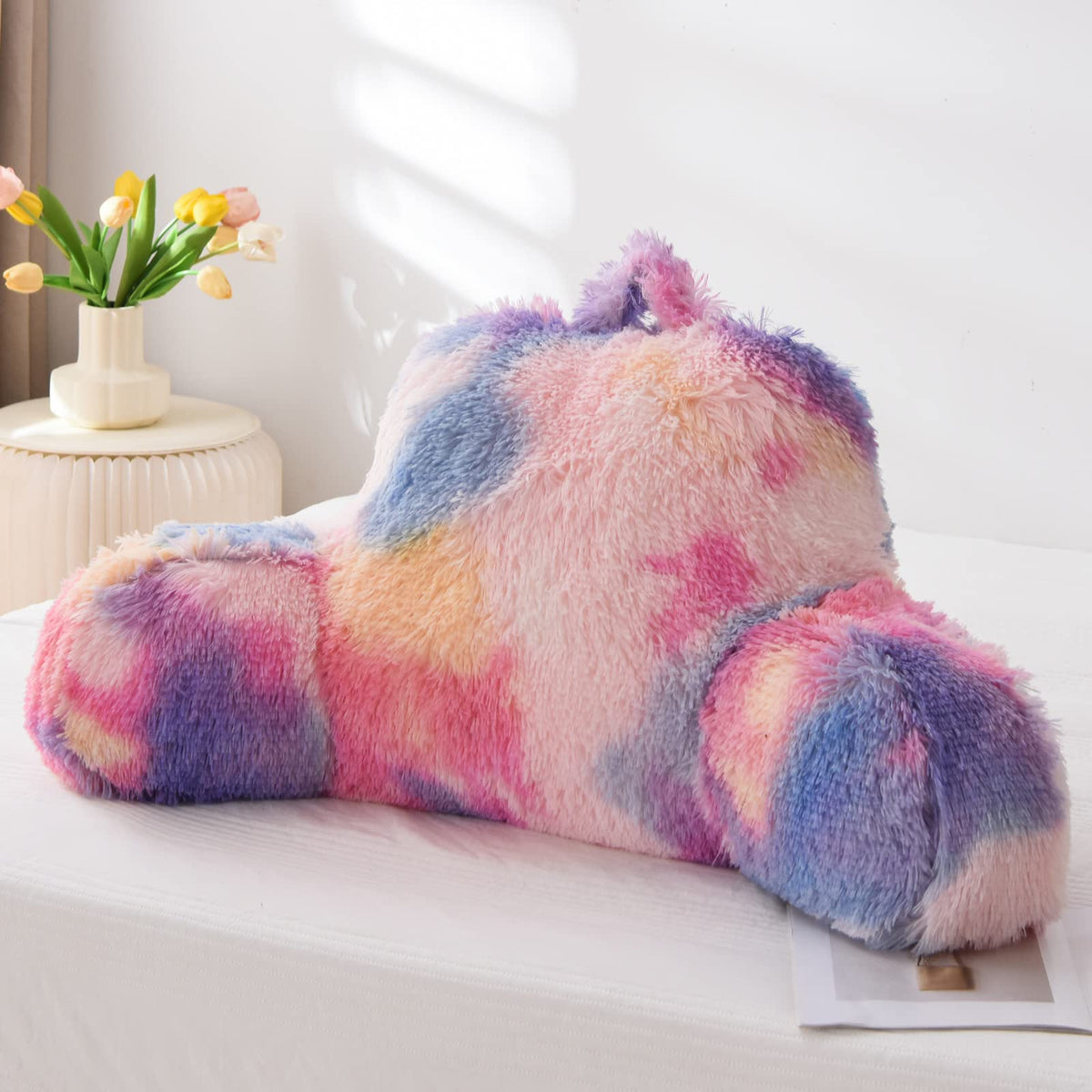 A Nice Night Faux Fur Reading Pillow Bed Wedge Large Adult Children Backrest with Arms Back Support for Sitting Up in Bed/Couch for Bedrest,whiteBlack