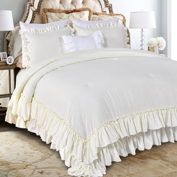 QSH 3PCs Black White Shabby Boho Chic Ruffled Bedding Comforter Queen Size,Farmhouse Vintage Rustic Ruffle Comforter Set Queen Ultral Soft Microfiber Lightweight Fluffy Comforter Set with Pillowcases