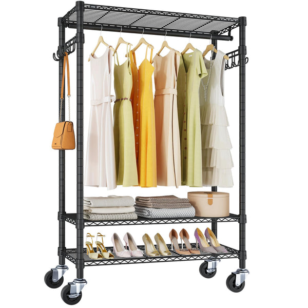 VIPEK R3 Medium Rolling Clothes Racks with Lockable Wheels, Heavy Duty Garment Rack with Adjustable Shelves & Hanging Rod & Side Hooks, Compact Space-Saving Storage for Small Apartments/Dorms (Black)