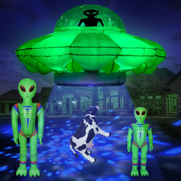 Inflatable Alien Party Decorations 4.2FT Alien UFO Cow Abduction Halloween Blow Up Yard Inflatables Built-in Green LED & Blue-White Flashing Lights Outdoor Indoor Holiday Home Garden Lawn Decor