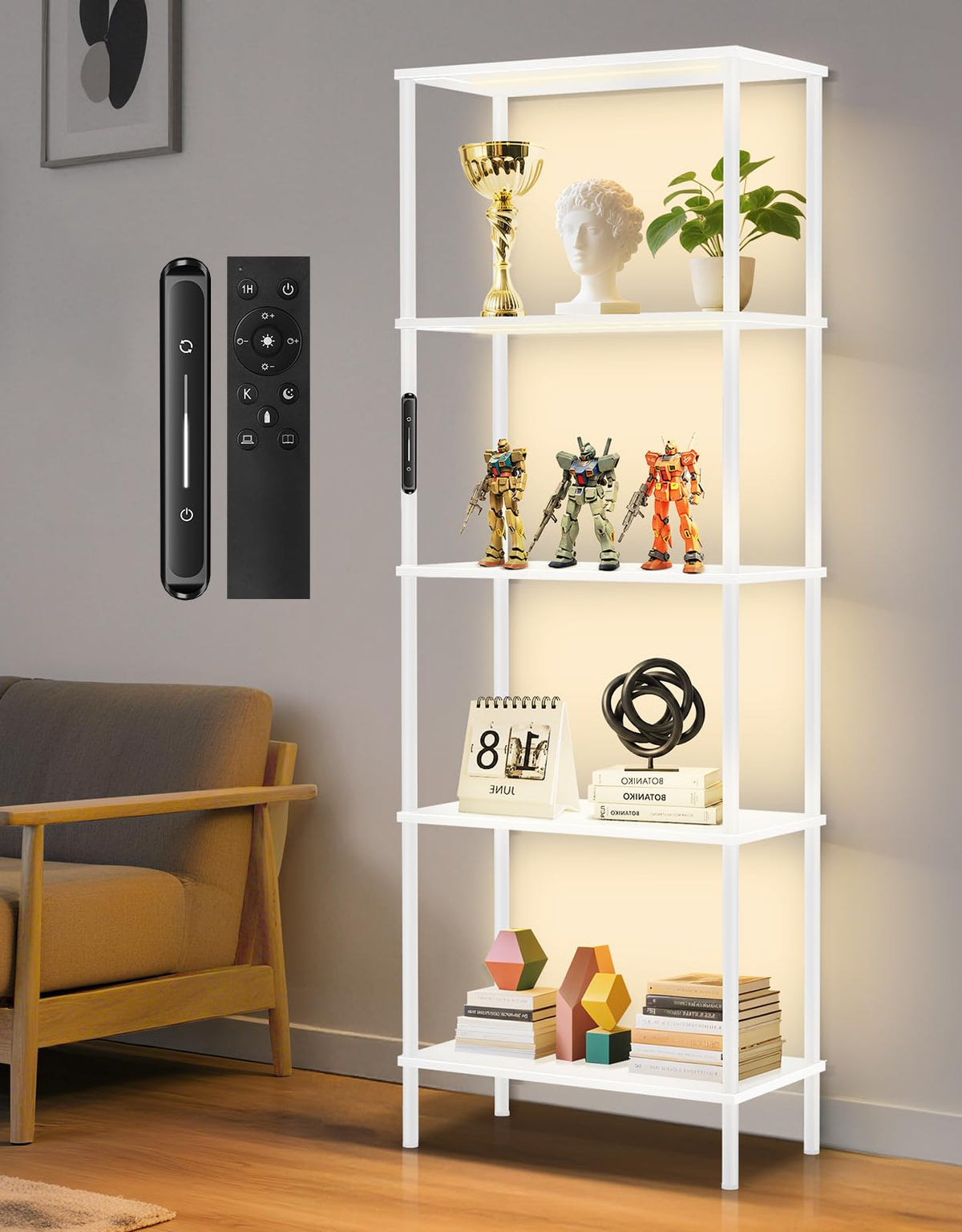 5 Tier Display Shelves with RGB Lights, Display Cabinet with Touch & APP & Remote Control, Dimmable Bookshelf with Music Sync, Adjustable Color Lighting for Living Room, Bedroom(Black)