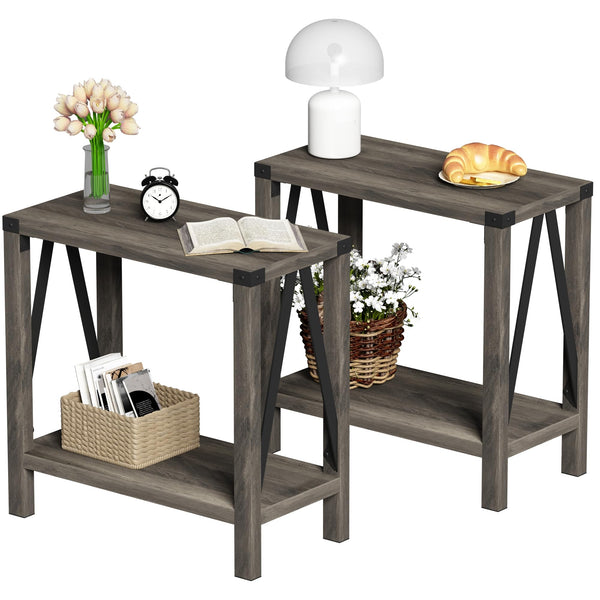 ChooChoo Farmhouse End Table for Small Spaces, Narrow Side End Table with Storage Shelf, Rustic A-Design Nightstand Sofa Table for Living Room, Bedroom (White & Brown)