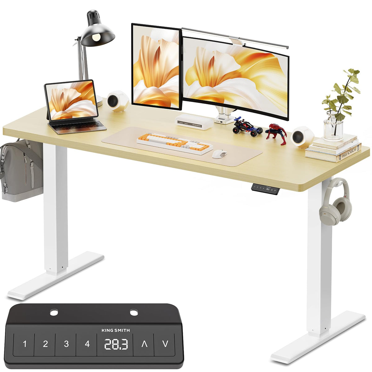 WALKINGDESK 48x24 Inches Height Adjustable Electric Standing Desk with 2 Hooks for Home Office, Ergonomic Sit Stand up Desk with Splice Board, Rustic Brown