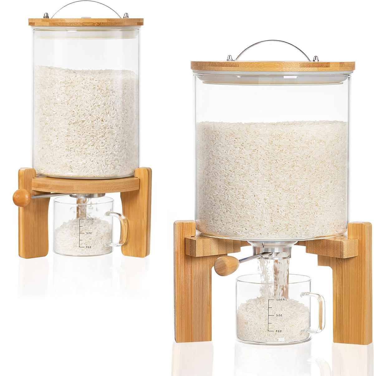 HBlife Glass Rice Dispenser with Wooden Stand Flour and Cereal Container with Glass Measuring Cup Pantry Food Organization Storage Bin with Airtight Bamboo Lid, 3L+5L