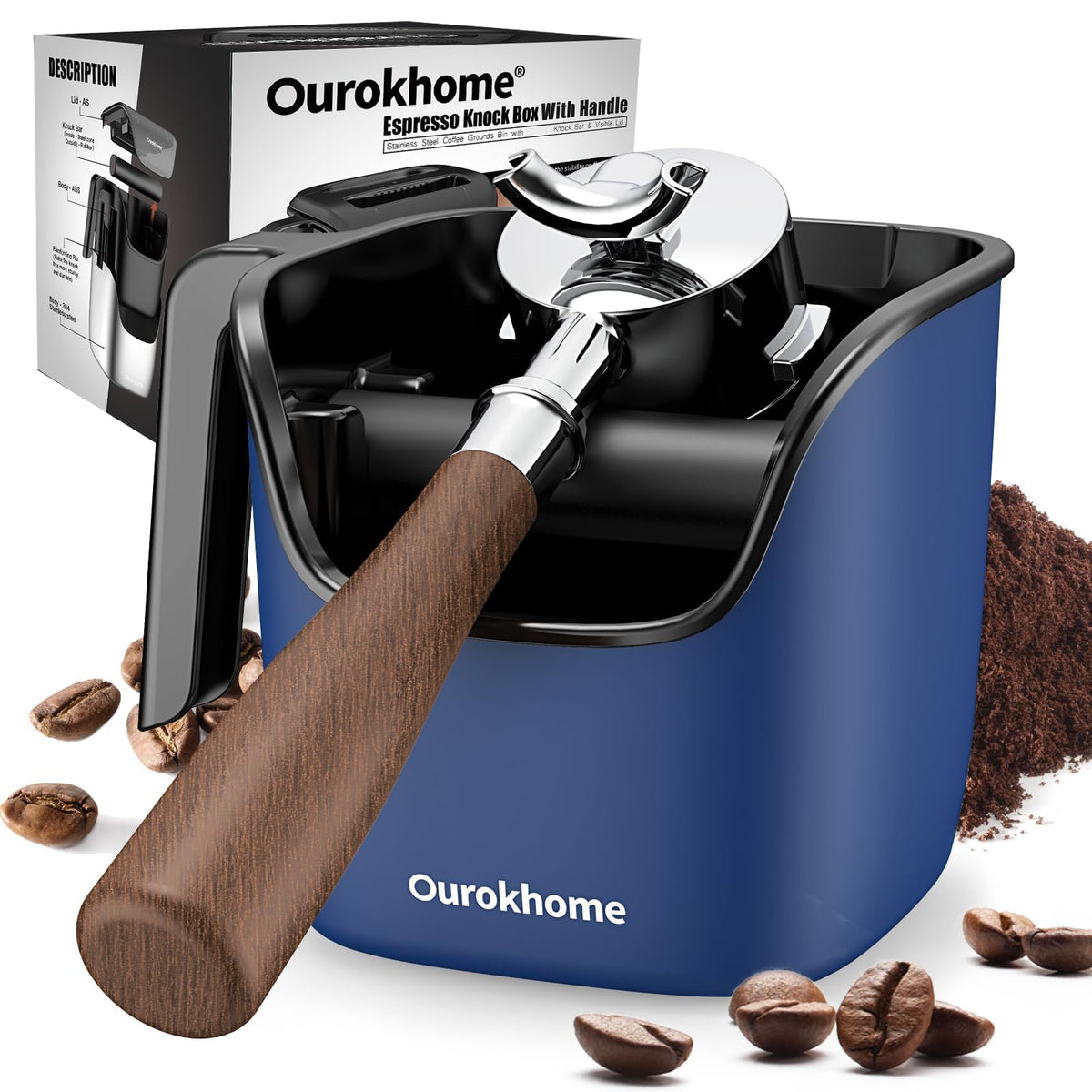 Ourokhome Espresso Knock Box with Lid, Compact Coffee Grounds Container for Home Coffee Bar, Removable Knock Bar, 304 Stainless Steel Exterior, Non-Slip Base & Handle, Easy Clean (Black)