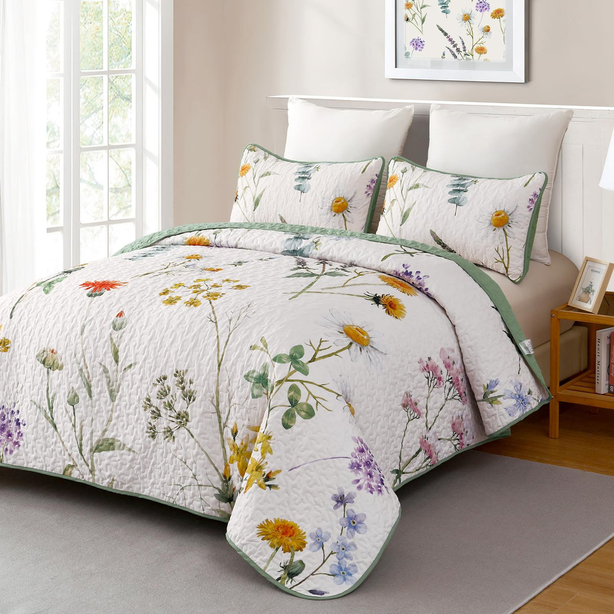 Dobuyly Floral California King Quilt Set, Grey and White Botanical California King Size Bedspread 3 Pieces, Soft Lightweight Flower Bedding Set for All Season, 112"x96"