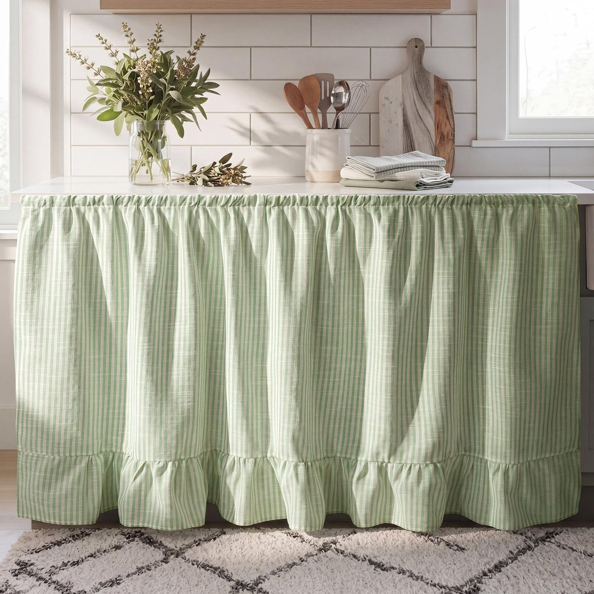 VitalCozy Cabinet Curtains 28" W x 51" L Sink Skirt for Bathroom Kitchen Brown Stripes Cabinet Curtains for Classroom Home Farmhouse Rustic Drape Under Desk Privacy Drape for Laundry Room