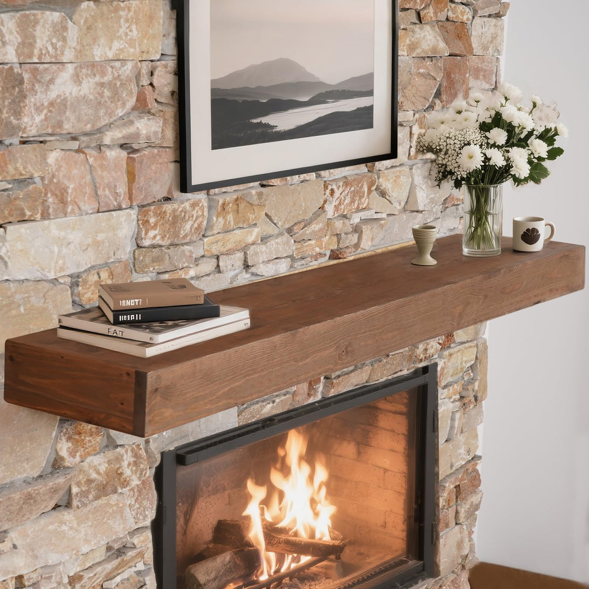 Fireplace Mantle Shelf - 60×8×5Inch Handcrafted Wall Floating Mantel Shelf for Over Fireplace - Rustic Traditional Wooden Fireplace Mantels with Invisible Heavy Duty Wood Bracket - Oak