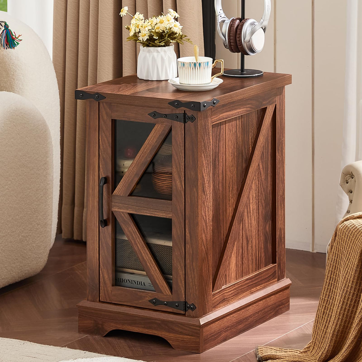 Joaxswe Narrow Night Stand for Small Spaces, Farmhouse Side End Table with Glass Barn Door Storage, Wood Bedside Tables, Brown Nightstand Cabinet Organizer for Living Room Bedroom