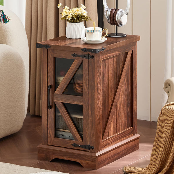 Joaxswe Narrow Night Stand for Small Spaces, Farmhouse Side End Table with Glass Barn Door Storage, Wood Bedside Tables, Brown Nightstand Cabinet Organizer for Living Room Bedroom