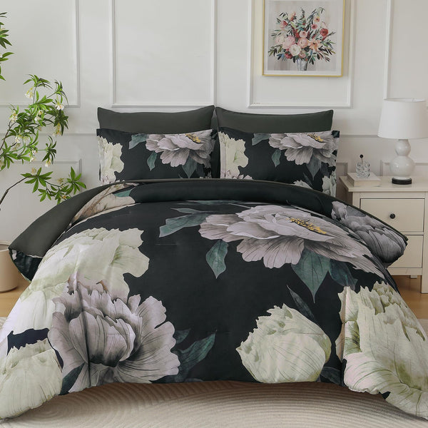 Dobuyly Grey Full Size Comforter Set 7 Piece Bed in a Bag, Gray Floral Printed on White Comforter Set with Sheets, Soft Microfiber Botanical Farmhouse Bedding Set for All Season