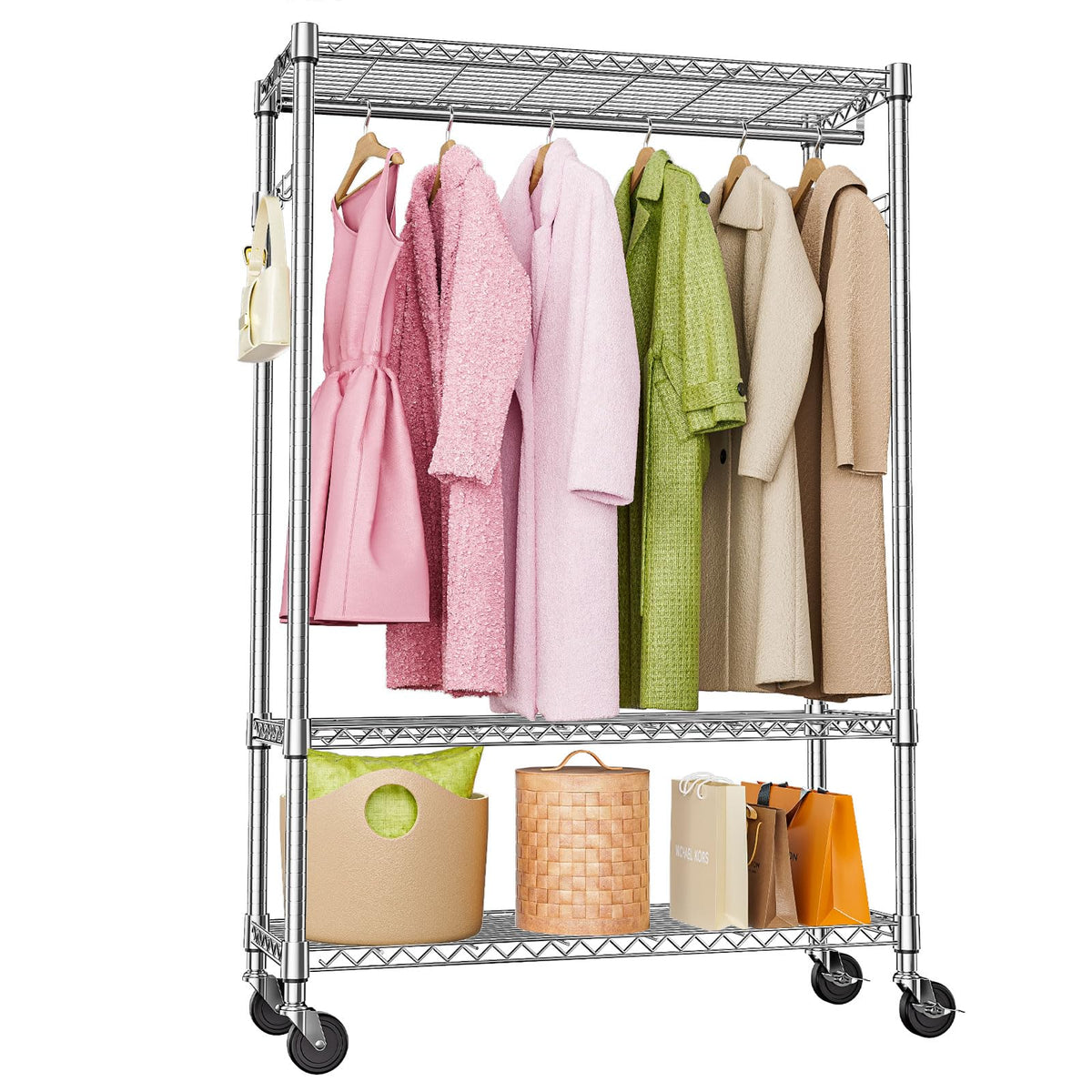 M MZG Clothes Rack with Hanger Rods, Heavy Duty Adjustable Carbon Steel Clothing Racks for Hanging Clothes, Wardrobe Closet Organizers for Bedroom Chrome 15.7" D x 45.3" W x 75.6" H