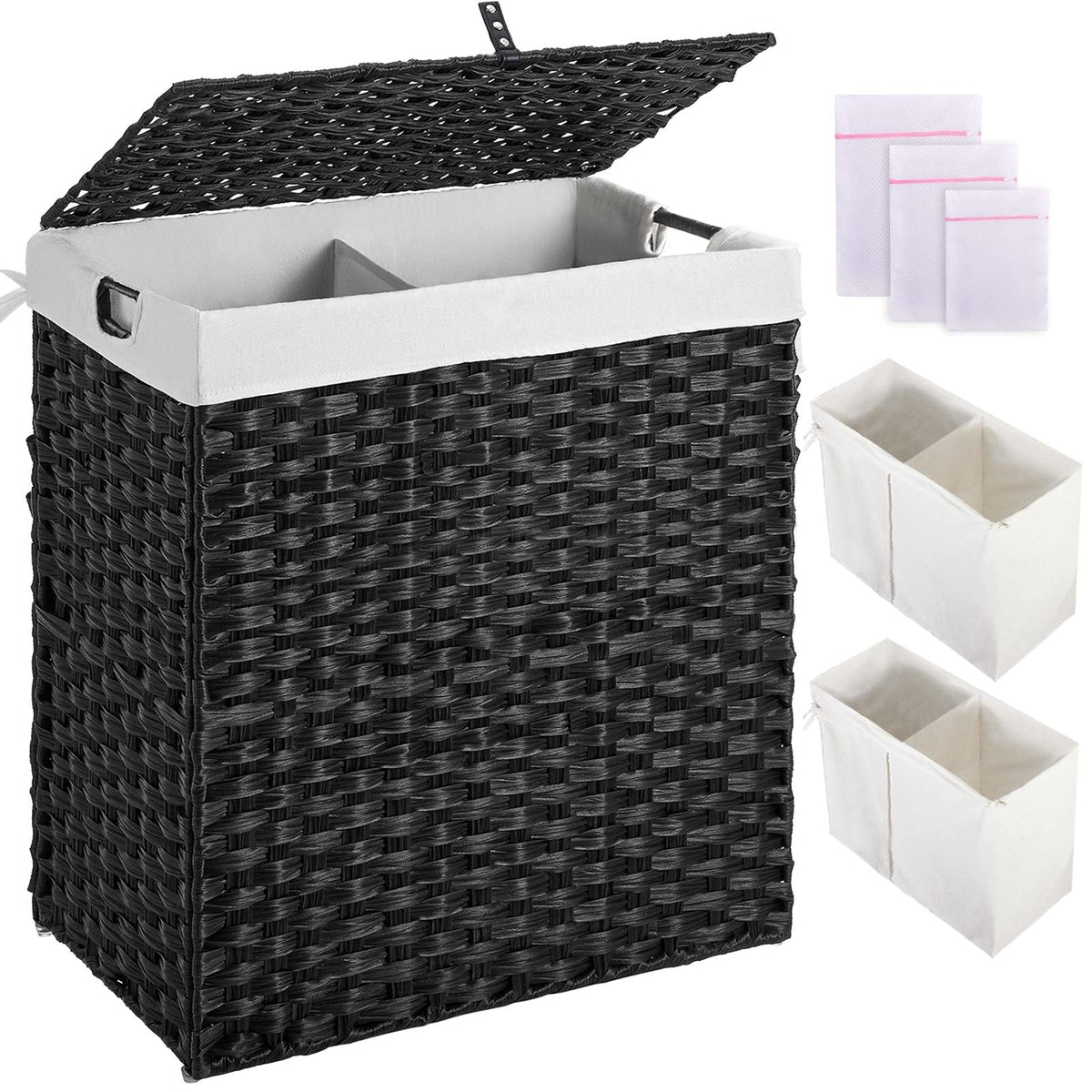 Greenstell Laundry Hamper with lid, No Install Needed, 130L Wicker Laundry Baskets Foldable 2 Removable Liner Bags, 2 Section Clothes Hamper Handwoven Rattan Laundry Basket with Handles, Black