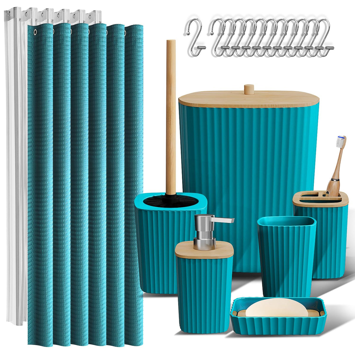 Clara Clark Navy Blue Modern Bohemian 22PC Bathroom Set with Shower Curtain, Rugs, Trash Can & Accessories