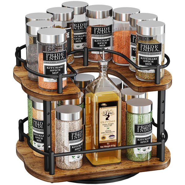 Lazy Susan Organizer Spice Rack - Spice Organization for Cabinet Height Adjustable Rotating Lazy Turntable, Pantry Kitchen Wood Revolving Seasoning Organizer (9 Inch)
