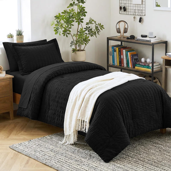 CozyLux Full Size Comforter Sets with Sheets 7 Pieces, Light Blue Seersucker Bed in a Bag Textured Luxury Soft Bedding Set with Down Alternative Comforter, Sheets, Pillowcases & Shams for All Seasons