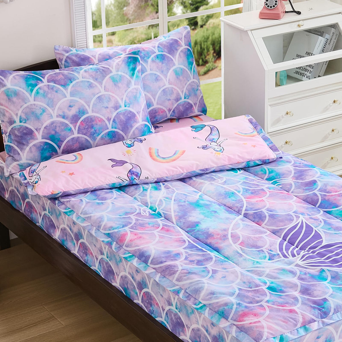 Anibedding 3Pcs Zip Up Bedding Comforter Set for Girls, Purple Mermaid All in One Zipper Twin Bedding Set with Pillowcase for Kids