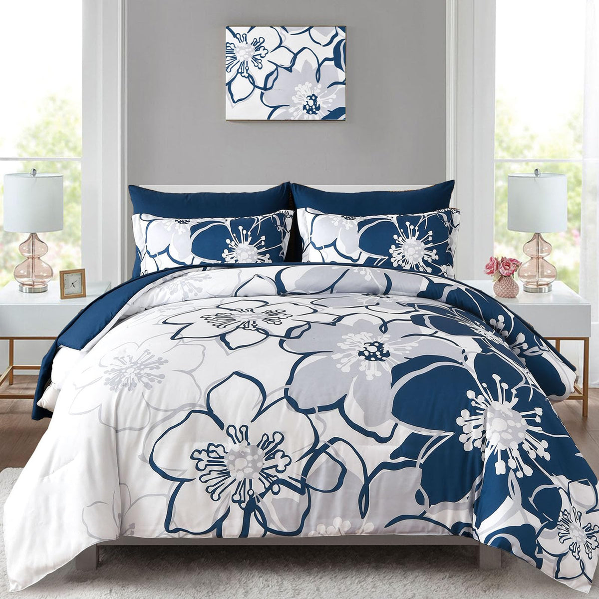 Anibedding Teal Floral Comforter Set Full Size 7 Piece, Teal Blue Flower Bed in a Bag, Elegant Botanical Floral Comforter Soft Microfiber Complete Bedding Set for All Season, (Teal, 78"x90")