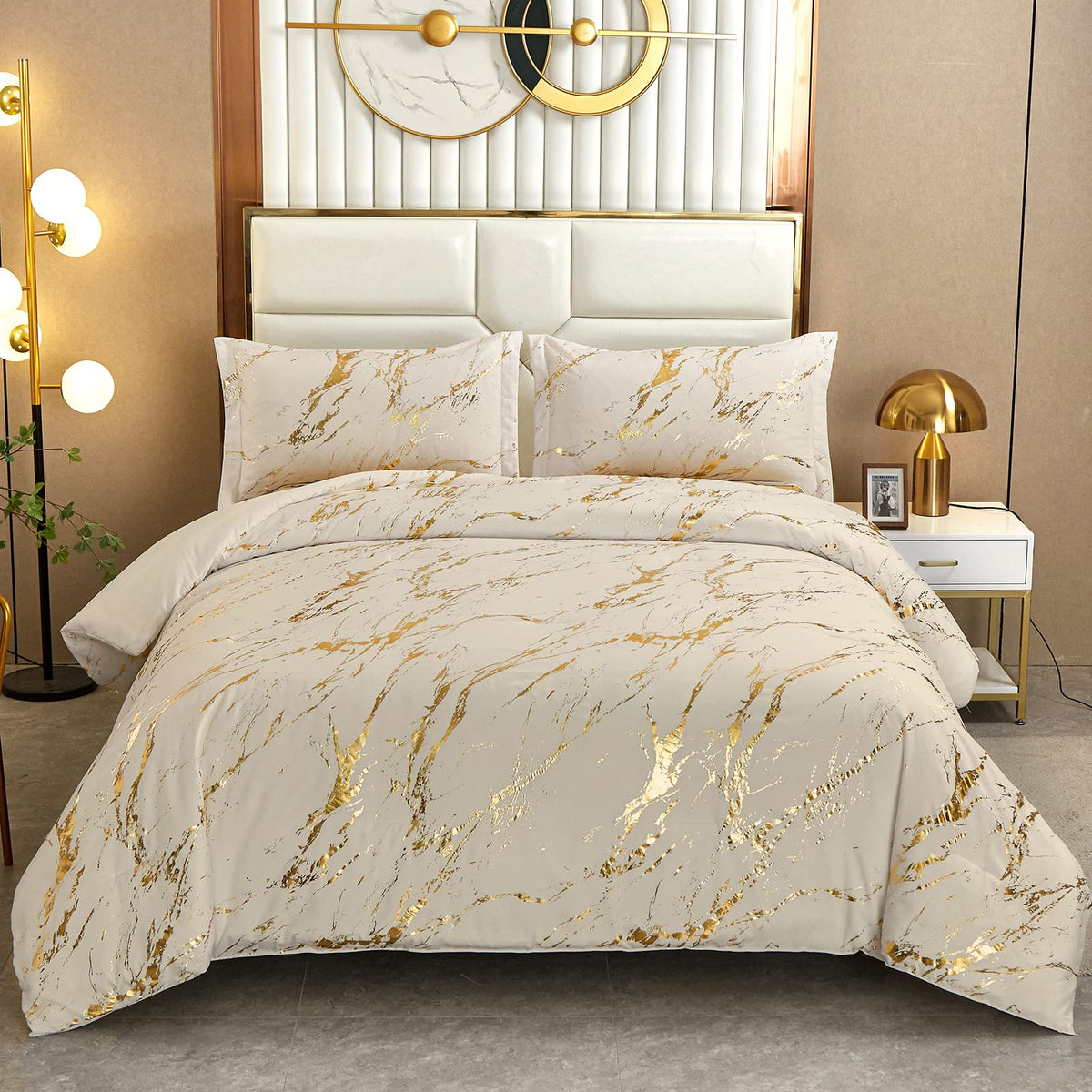 WONGS BEDDING Black Gold Metallic Marble Comforter Set Queen Foil Print Glitter Bedding Sets with 2 Pillowcases for All Seasons, Soft Microfiber Filling Bedding Duvet Set 90"x90"