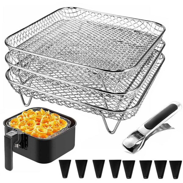 Air Fryer Rack Fit for Ninja Crispi/Ninja Pro Cosori Chefman Airfryer &More, Air Fryer Accessories, 3pcs Stackable Stainless Steel Airfryer Basket with Silicon Feet (for 6-7.5 QT)